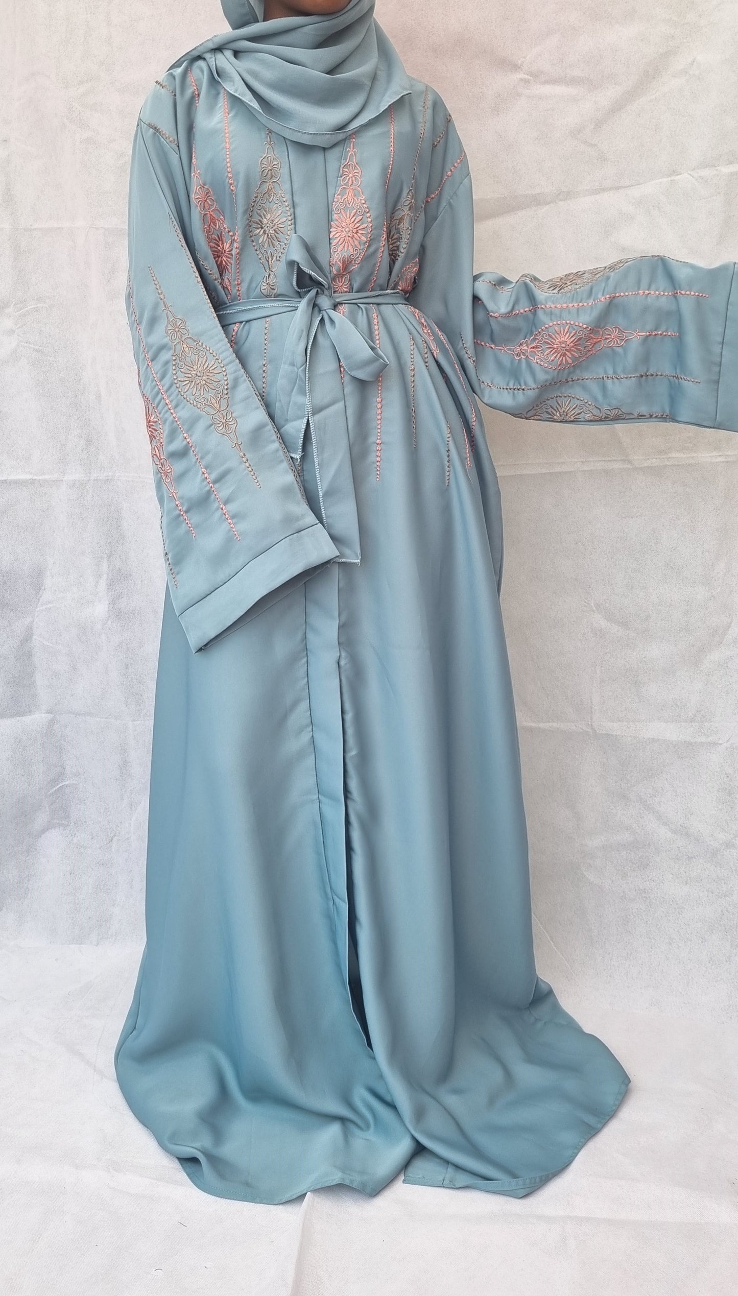 blue abaya with pink embroidery