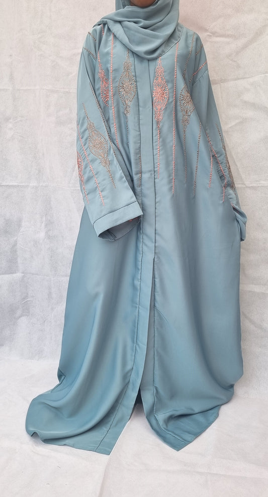 blue abaya with pink embroidery