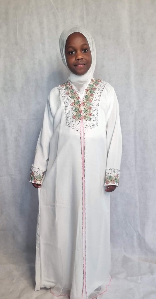 Floral embellished white chiffon abaya