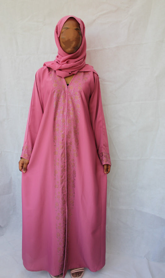 pink abaya with gold details