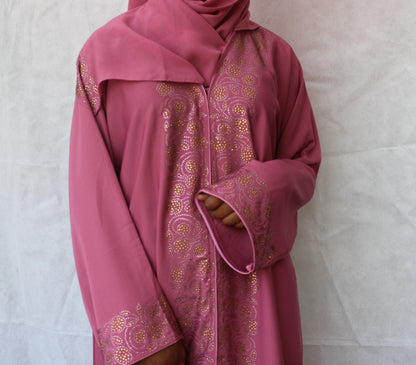 pink abaya with gold details