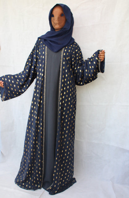 Navy blue open abaya with yellow print