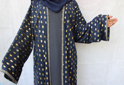 Navy blue open abaya with yellow print