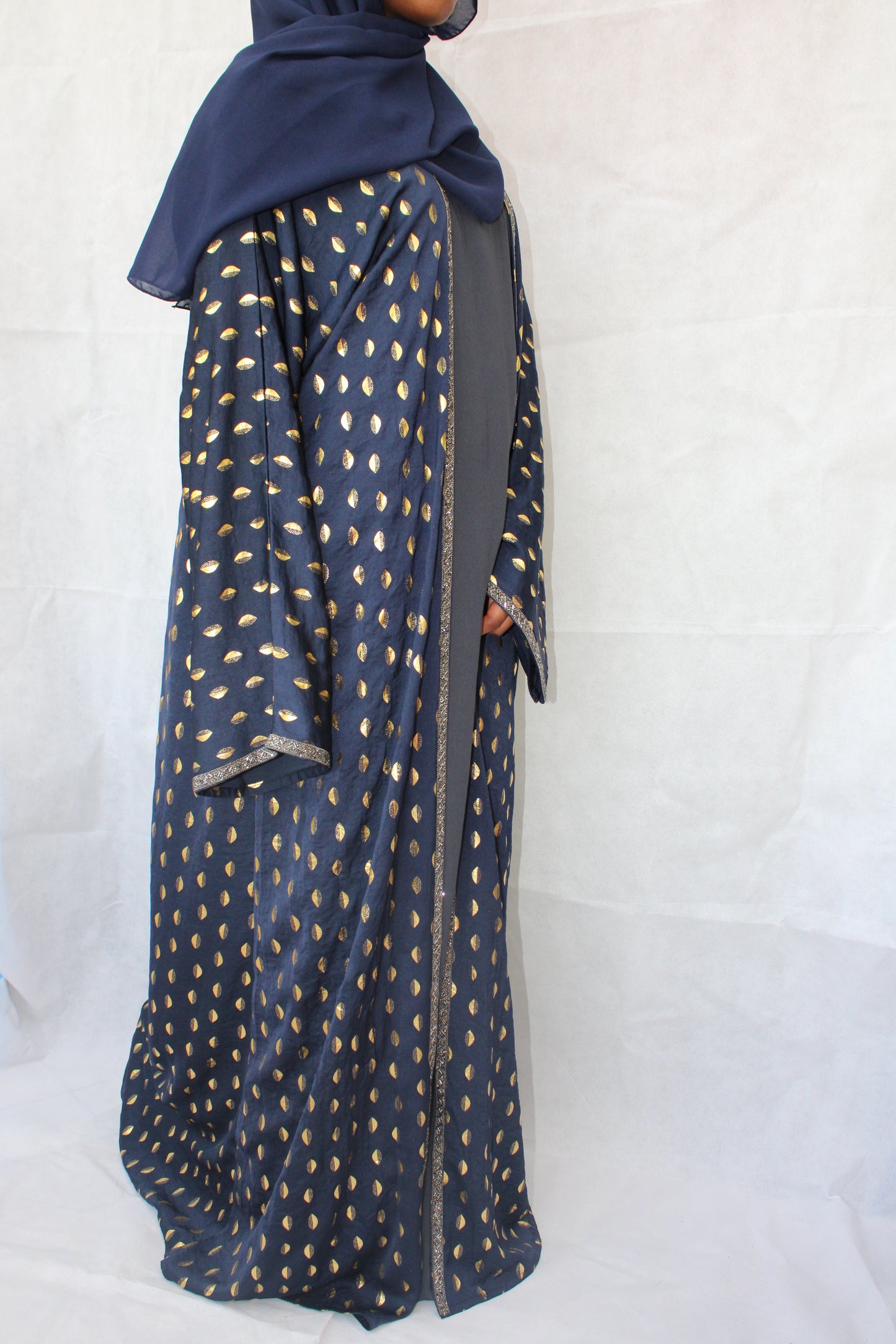 Navy blue open abaya with yellow print