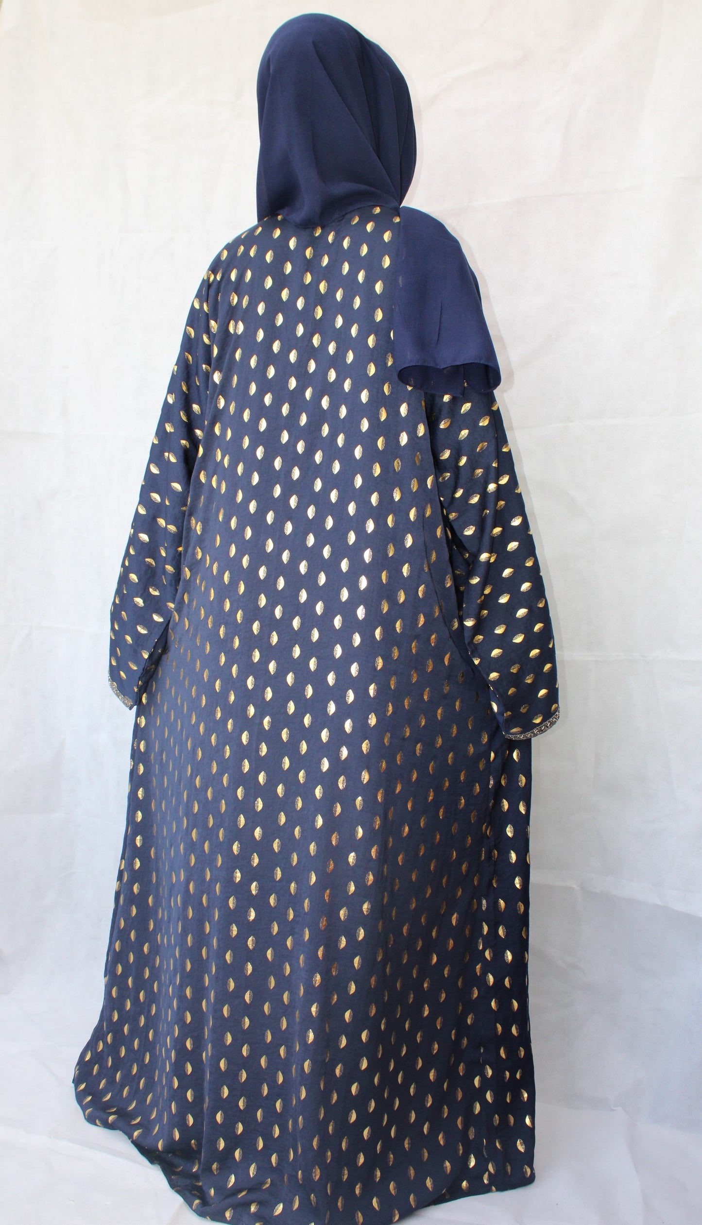 Navy blue open abaya with yellow print